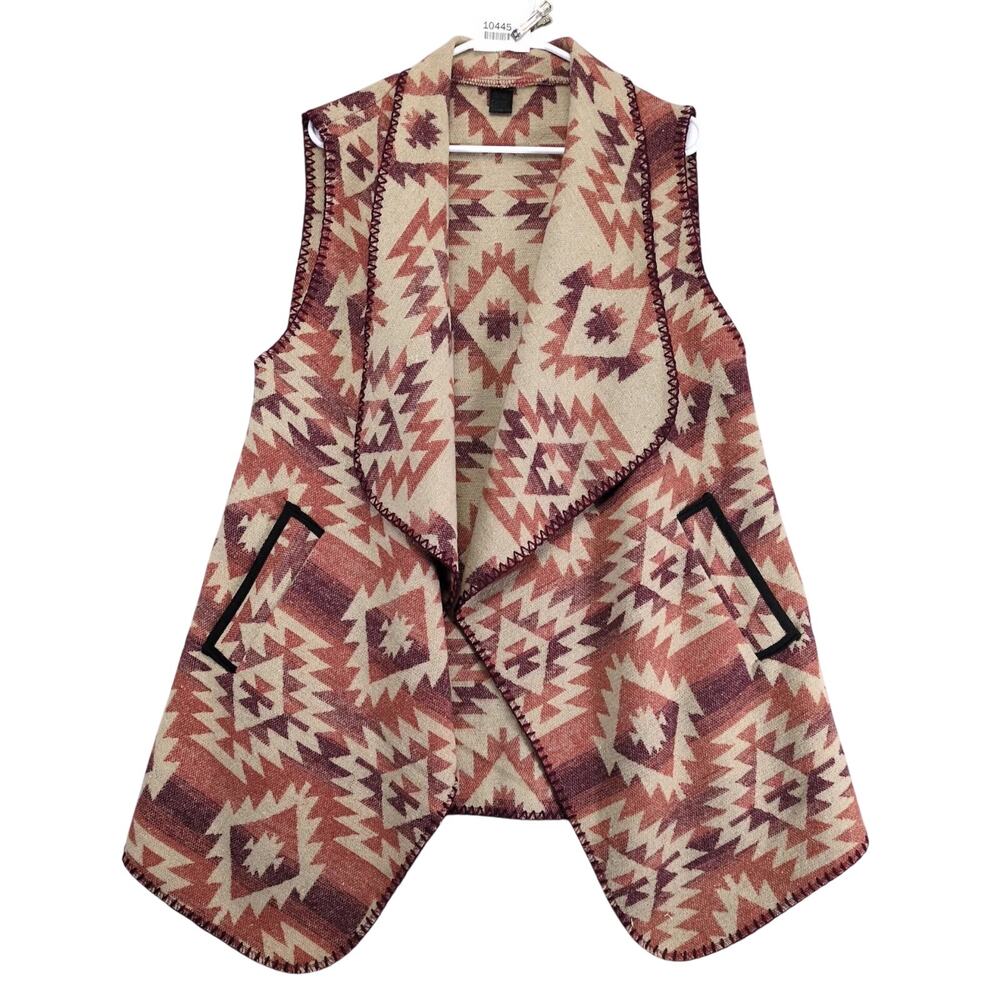 Southwestern Aztec Fleece Open Vest Women's L Drape Long Pockets Boho Western‎